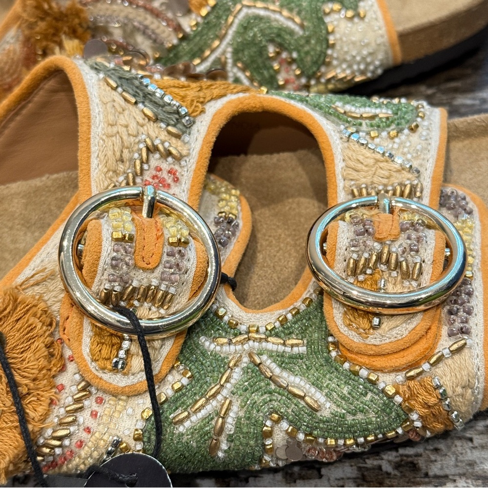 House of Harlow Slides 1960 Beaded Leaf Leather Buckle Sandals Size 8.5 NWT‎ - Picture 8 of 15
